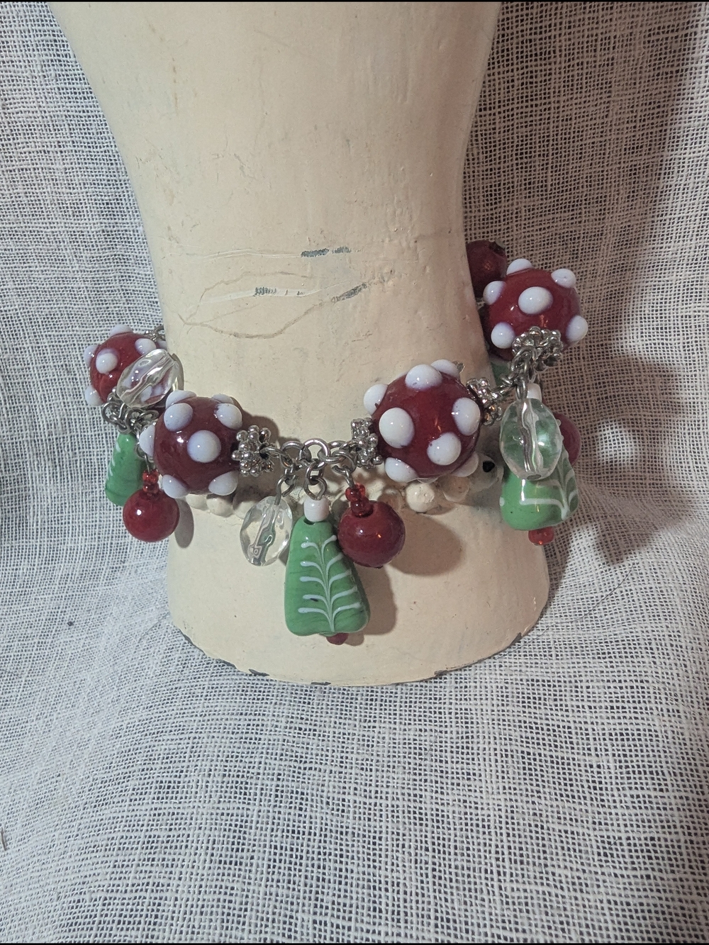 Papyrus Red and White Polka Dot Charm Bracelet with Green Glass Leaves